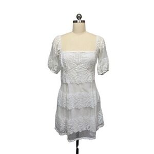 Free People Dress‎ Womens Medium White Lace Mini Square Neck Puff Sleeve Boho